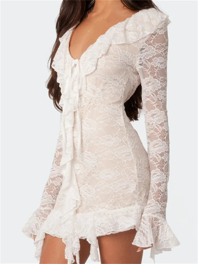 Floral Lace Ruffle V-Neck Tie Front Long Sleeve Mini Dress