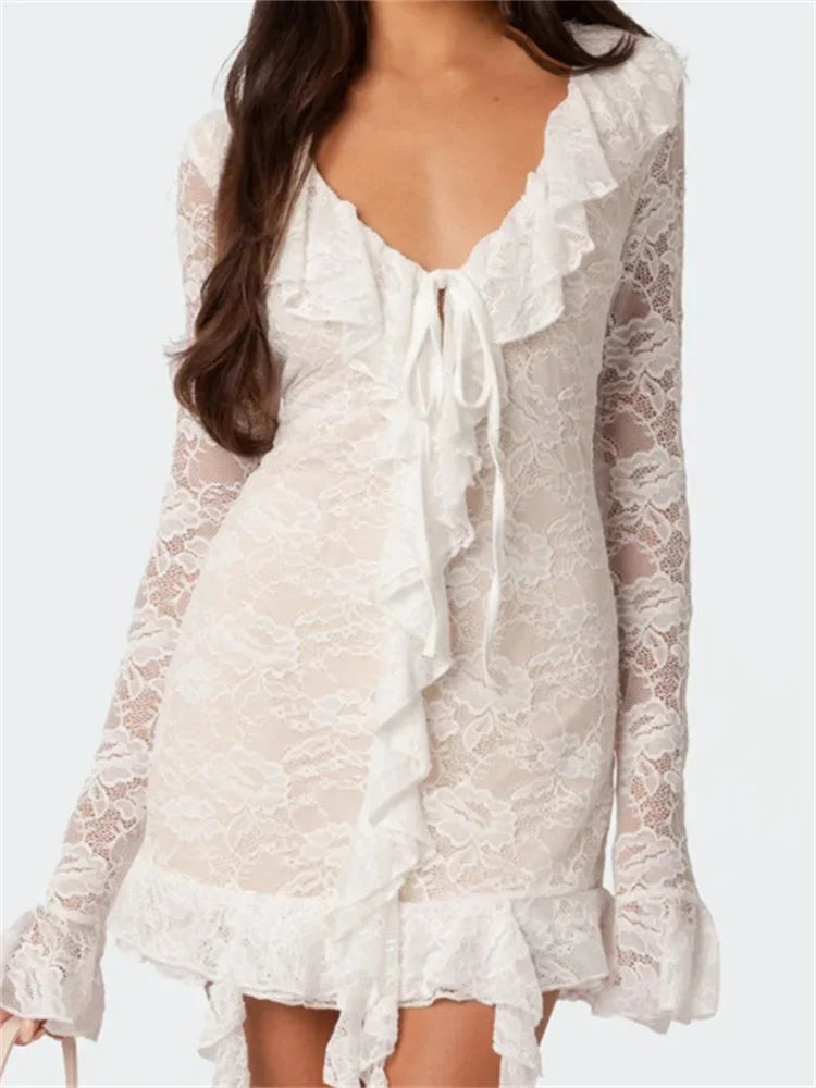 Floral Lace Ruffle V-Neck Tie Front Long Sleeve Mini Dress