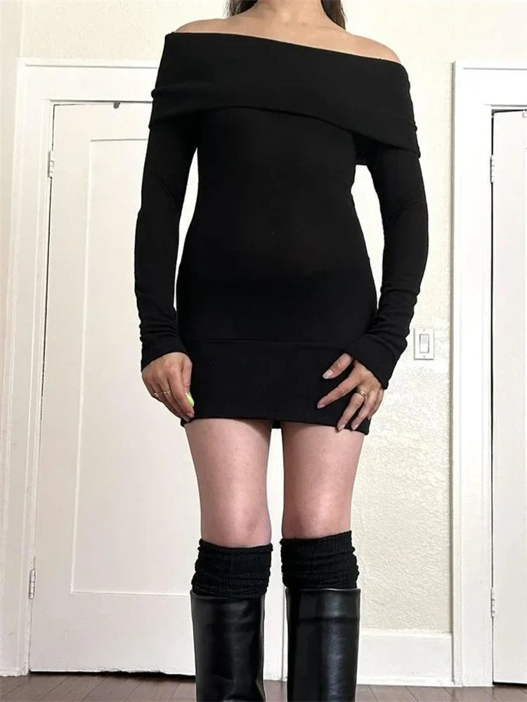 Ribbed Fold Over Off Shoulder Long Sleeve Bodycon Mini Dress