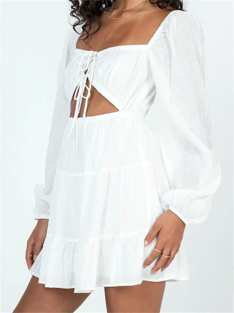 Swiss Dot Square Neck Balloon Sleeve Cutout Tie Front Tiered Mini Dress