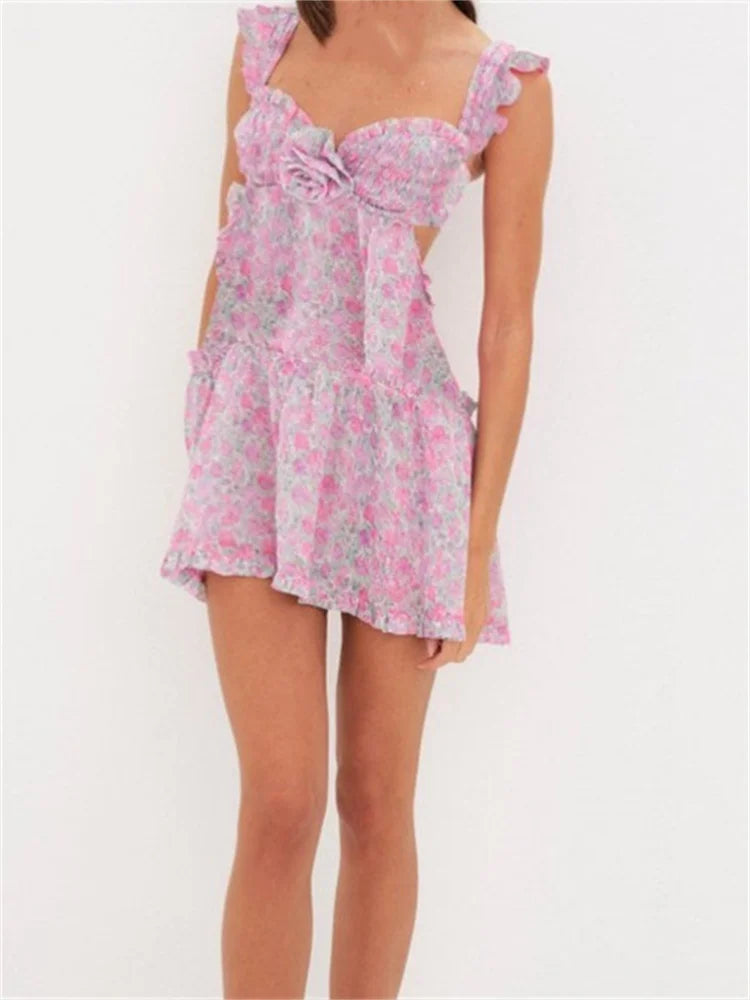 Sweetheart Smocked 3D Rosette Floral Tiered Side Cutout Mini Dress