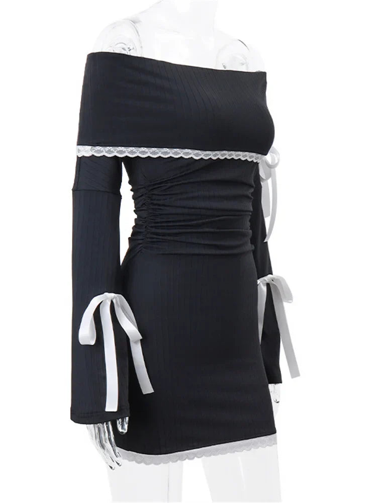 Off Shoulder Ribbed Knit Lace Trim Ribbon Bow Long Sleeve Mini Dress
