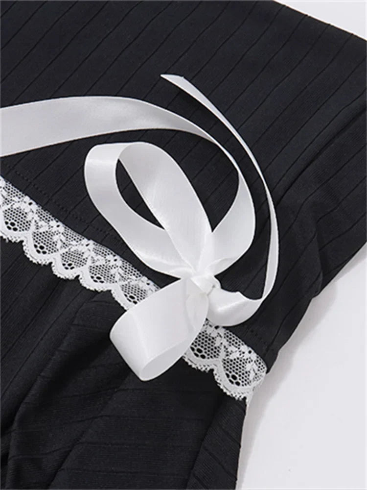 Off Shoulder Ribbed Knit Lace Trim Ribbon Bow Long Sleeve Mini Dress