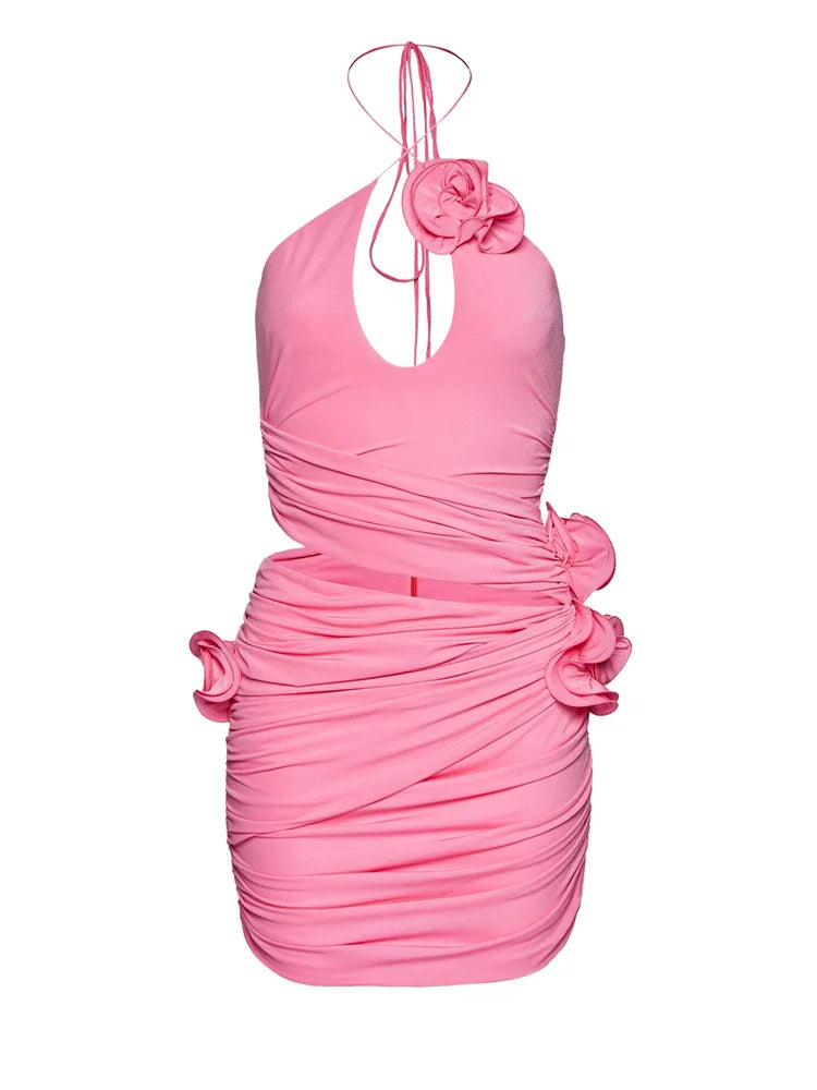 Halter Keyhole 3D Rosette Ruched Waist Cutout Bodycon Mini Dress