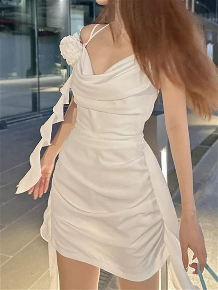 Halter Neck Cowl Drape 3D Rosette Ruched Side Panel Bodycon Mini Dress