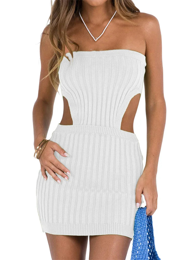 Ribbed Knit Side Cut Out Strapless Tube Bodycon Mini Dress