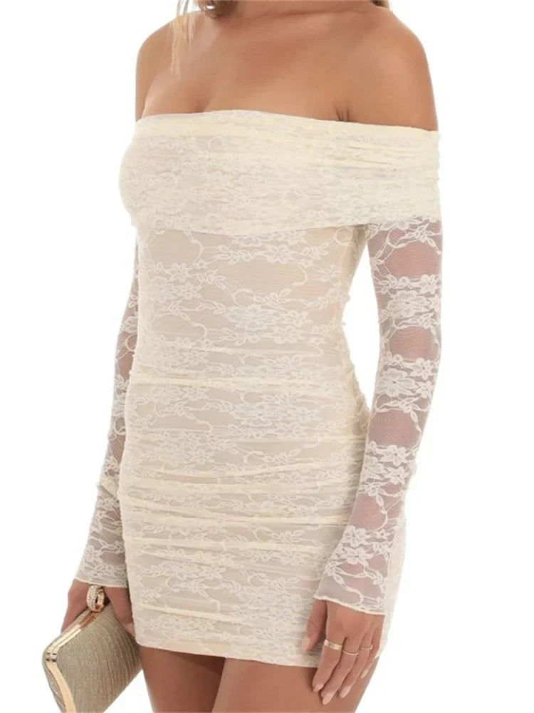 Off Shoulder Ruched Floral Lace Long Sleeve Bodycon Mini Dress