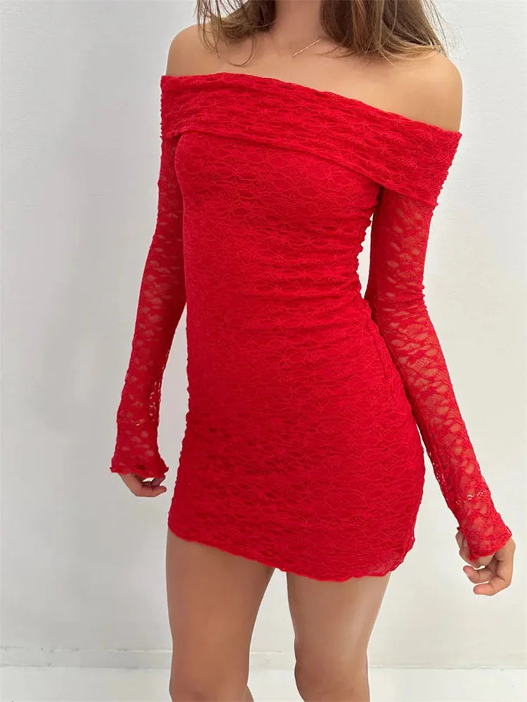 Floral Lace Off Shoulder Long Sleeve Bodycon Mini Dress