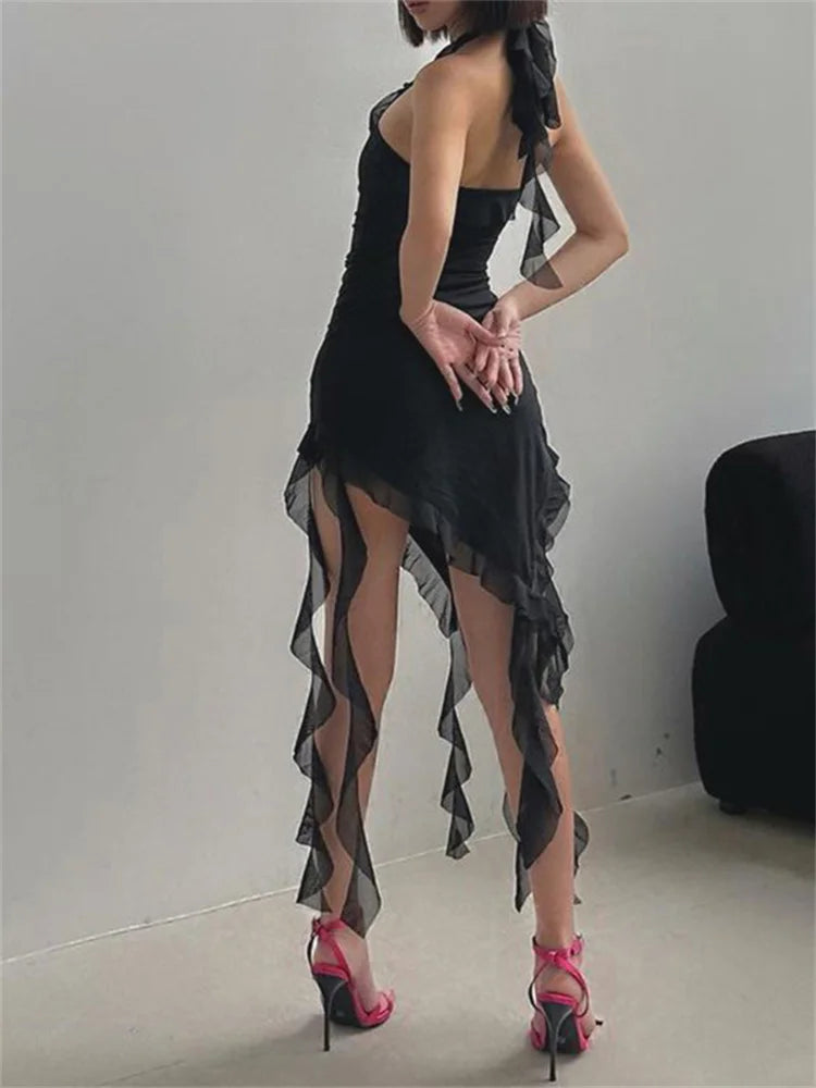 One Shoulder Mesh Cascade Ruffle High Slit Bodycon Mini Dress