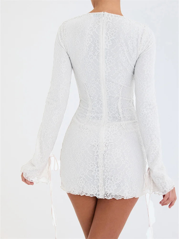 Floral Lace Boat Neck Bell Sleeve Side Tie Ruched Bodycon Mini Dress