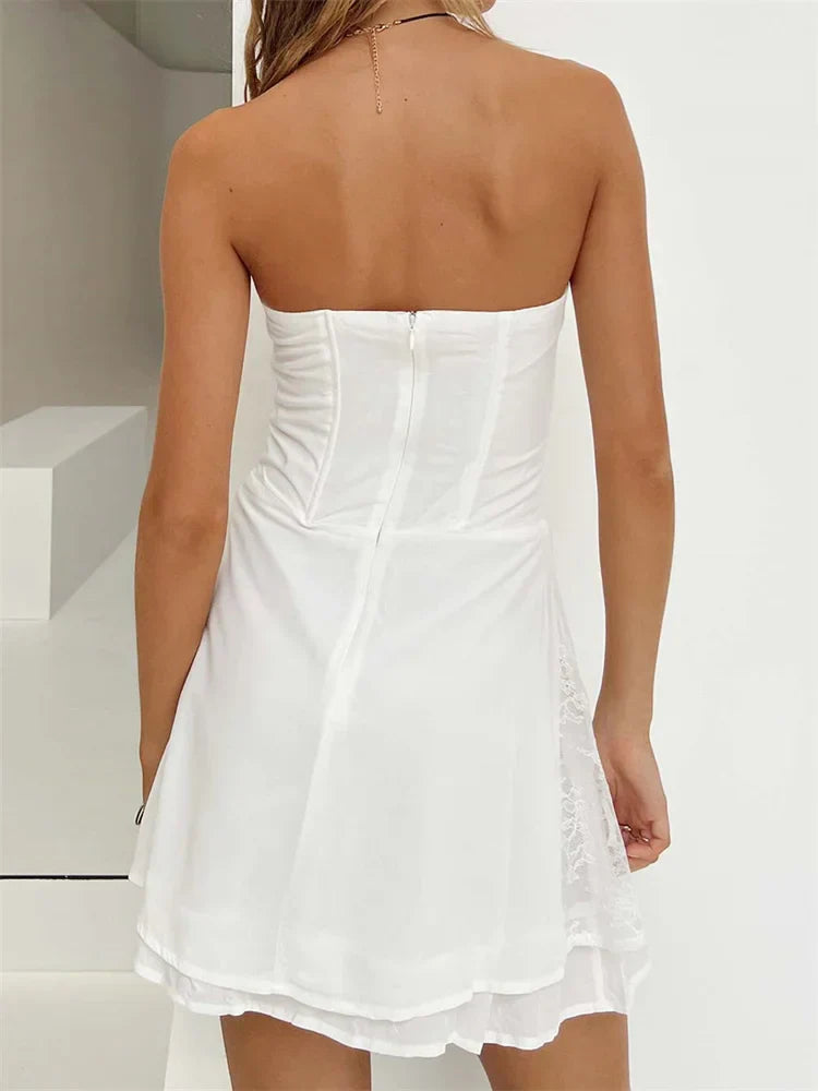 Strapless Corset Lace Up Tiered Hem Mini Dress