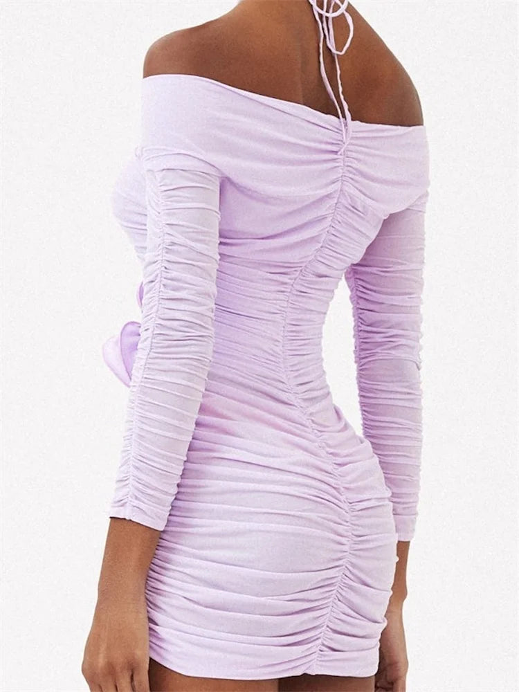 Off Shoulder Halter Keyhole Rosette Applique Ruched Long Sleeve Bodycon Mini Dress