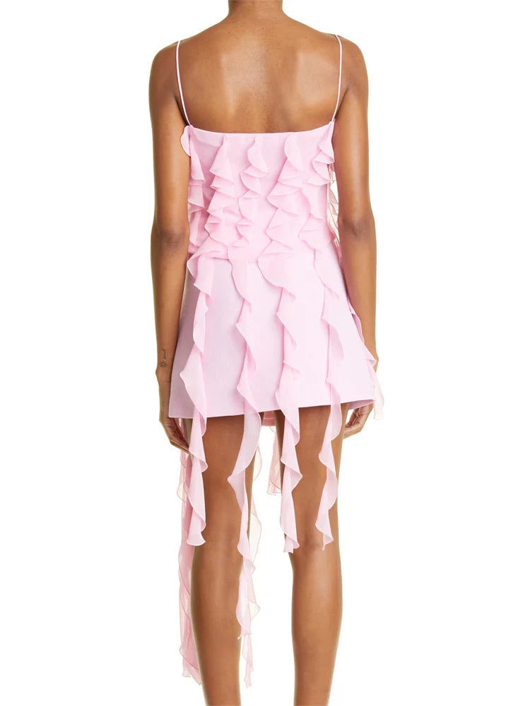 Spaghetti Strap Cascading Vertical Ruffle Asymmetric Hem Mini Dress