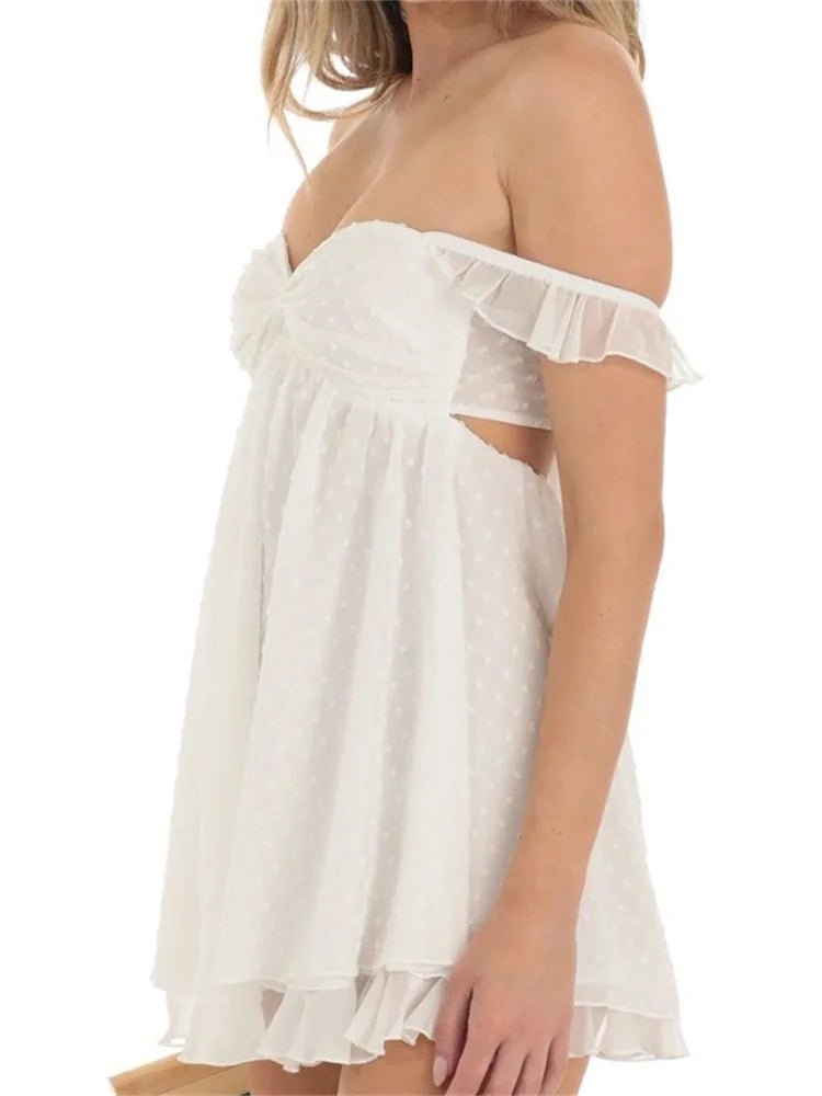 Off Shoulder Twist Front Ruffle Sleeve Empire Waist Layered Mini Dress