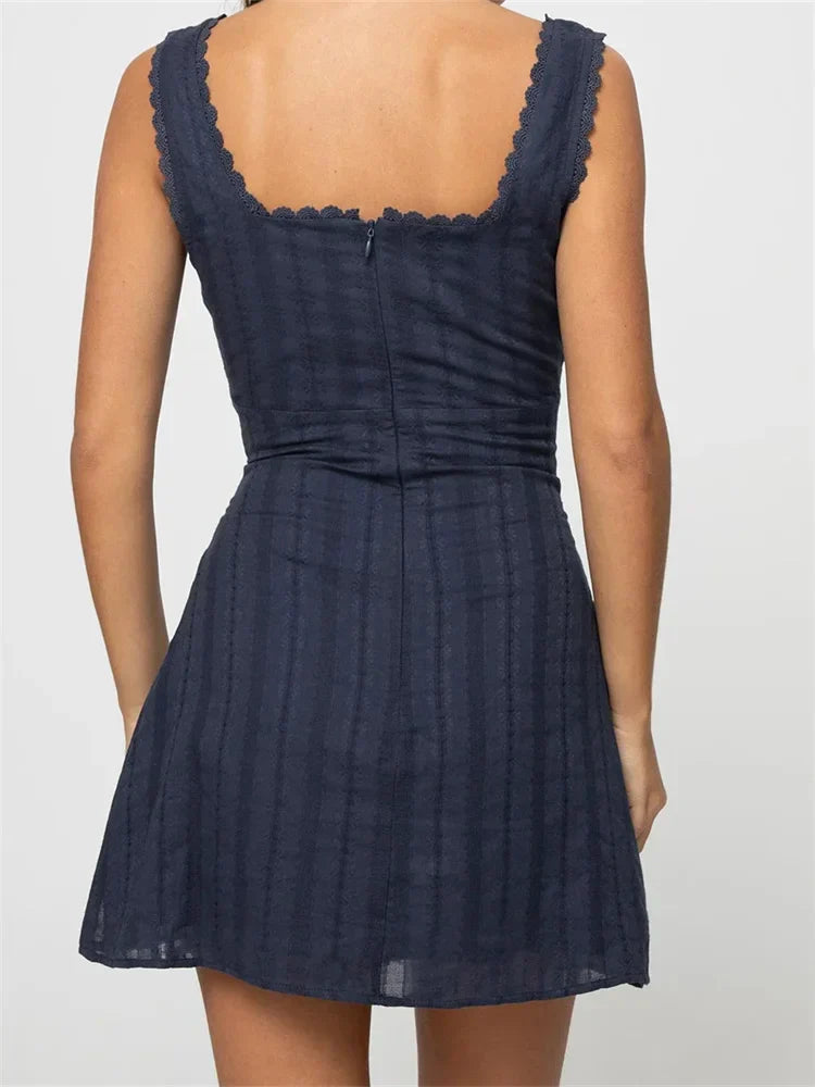 Square Neck Lace Trim Wide Strap Empire Waist Bodycon Mini Dress