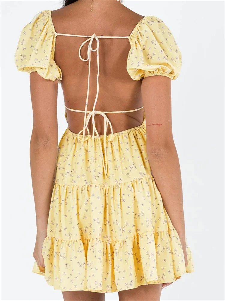Sweetheart Neck Puff Sleeve Tiered Ditsy Floral Print Mini Dress