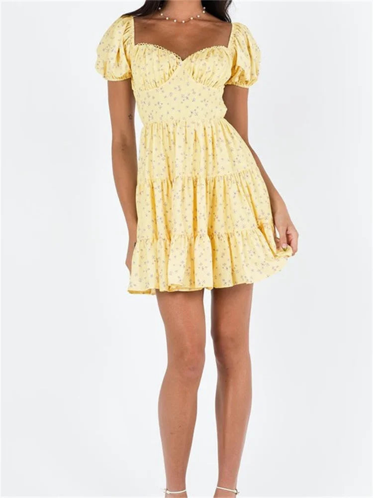 Sweetheart Neck Puff Sleeve Tiered Ditsy Floral Print Mini Dress