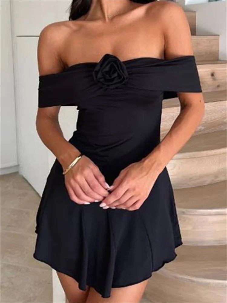 Off Shoulder 3D Rosette Ruffle Hem Flared Bodycon Mini Dress