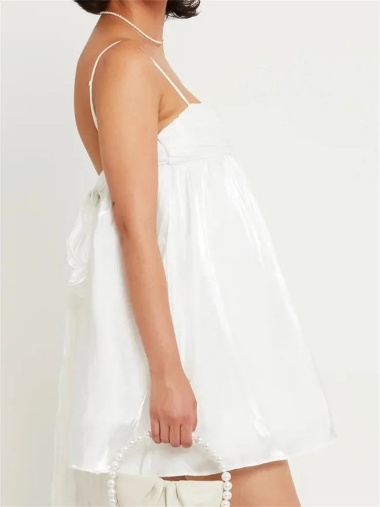 Ruched Empire Waist Bubble Hem Tie Back Spaghetti Strap Mini Dress