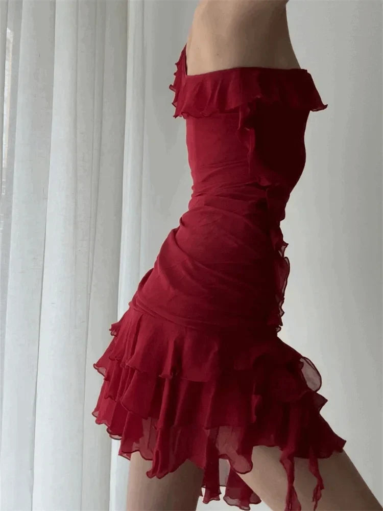 One Shoulder Ruffle Tiered Asymmetric Hem Mini Dress
