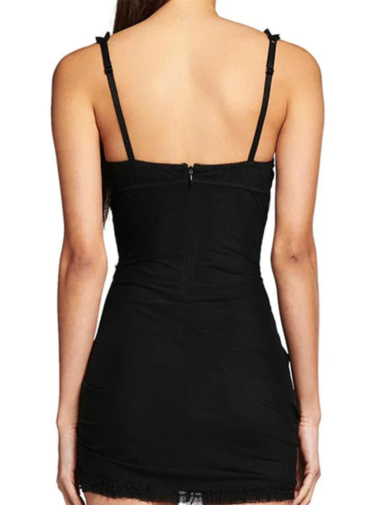 Ruched Sweetheart Neck Ruffle Trim Spaghetti Strap Bodycon Mini Dress