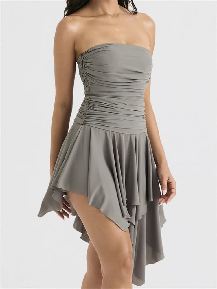 Strapless Ruched Tube Asymmetrical Tiered Ruffle Mini Dress