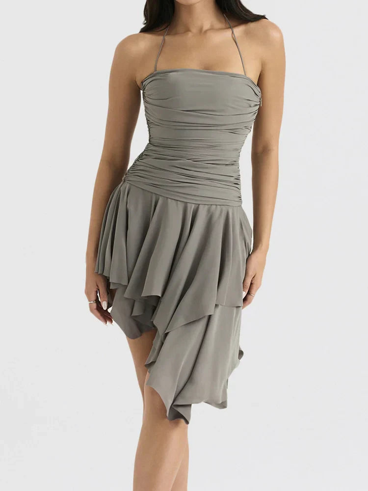 Strapless Ruched Tube Asymmetrical Tiered Ruffle Mini Dress