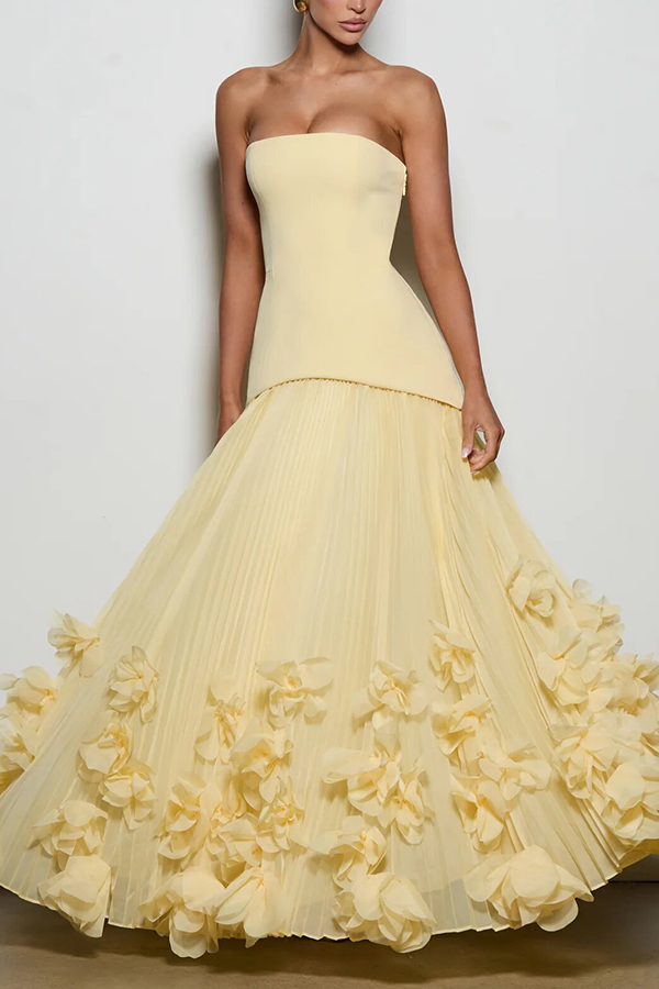 Serafina Strapless Back Lace-up Handcrafted Floral Appliqués Pleated Hem Gown Maxi Dress