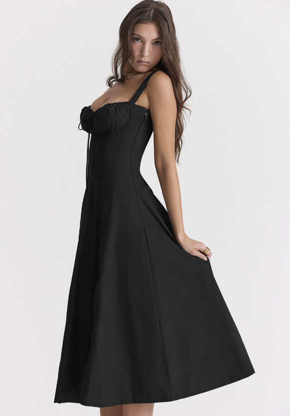 Corset Bodice Ruched Bust Tie-Front Flared Strap Midi Dress