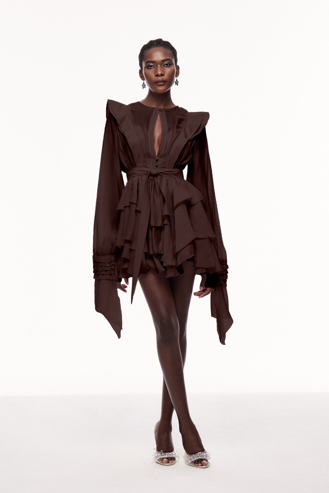 knee length dresses for ladies Emersyn Brown High-Neck Ruffled Detail Mini Dress, S / Brown main image 0