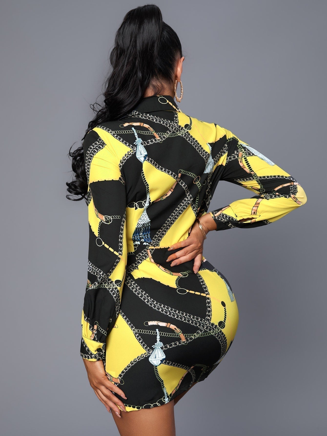 Chain Print Ruched Button Front Collared Long Sleeve Shirt Mini Dress