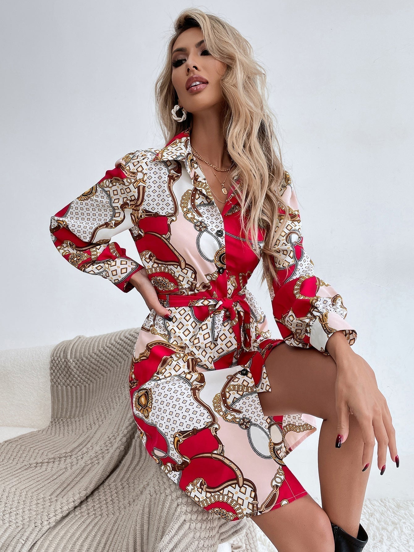Chain Print Collar Button Self-Tie Belt Long Sleeve Shirt Mini Dress