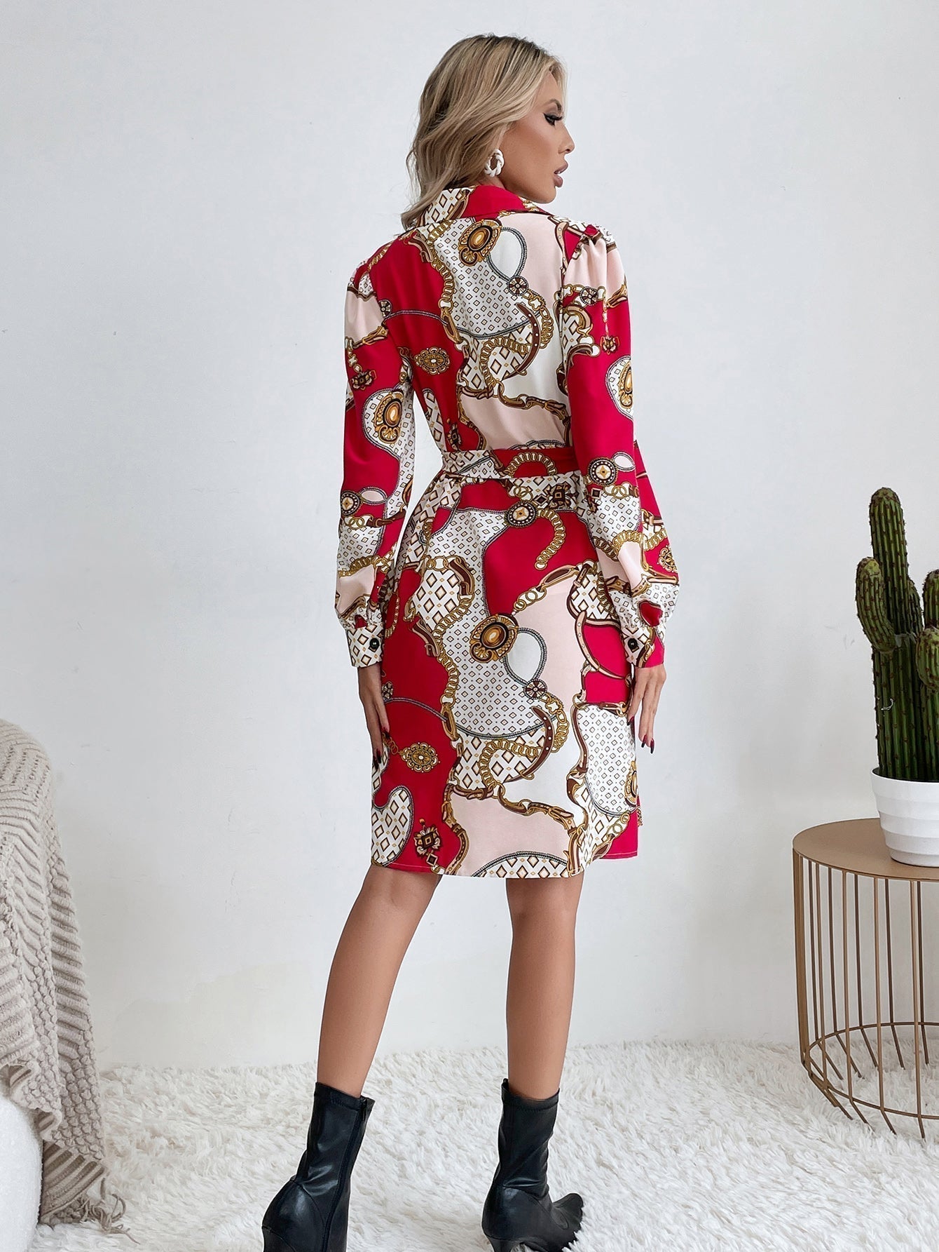 Chain Print Collar Button Self-Tie Belt Long Sleeve Shirt Mini Dress