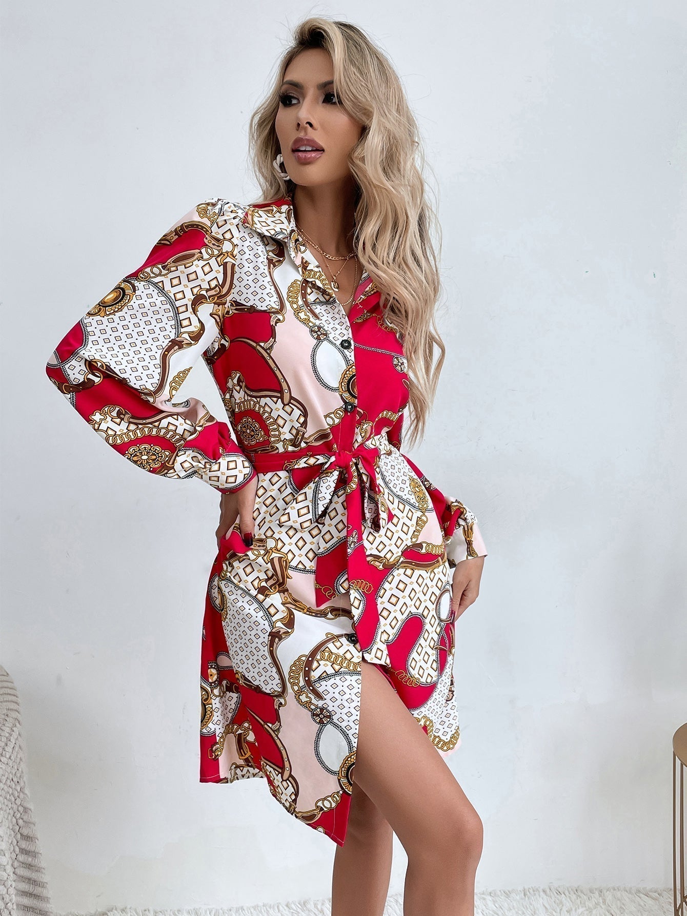 Chain Print Collar Button Self-Tie Belt Long Sleeve Shirt Mini Dress