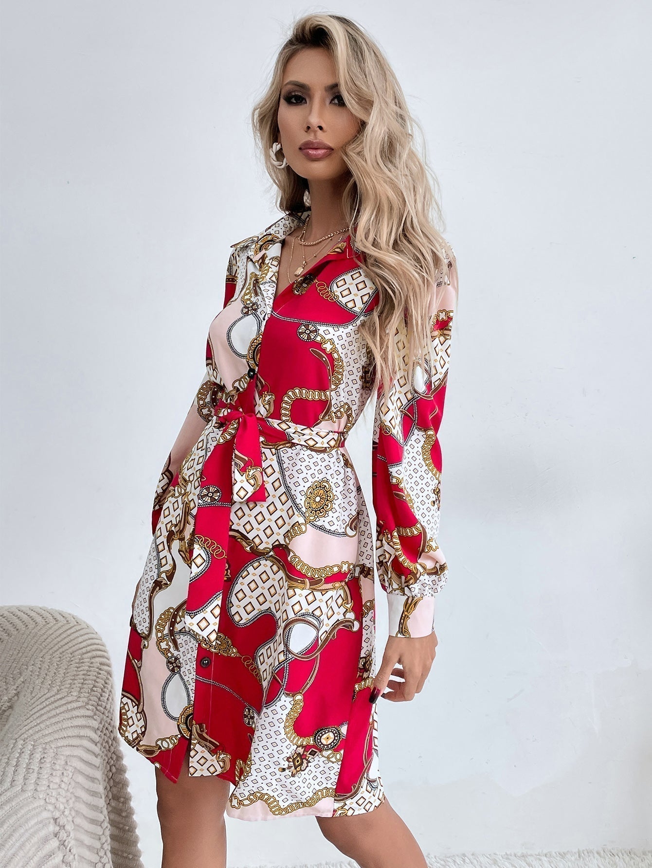Chain Print Collar Button Self-Tie Belt Long Sleeve Shirt Mini Dress