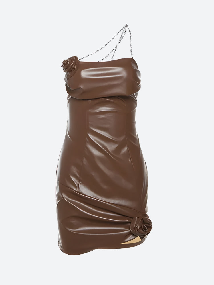 One-Shoulder Pearl Strap 3D Rosette Ruched Faux Leather Bodycon Mini Dress