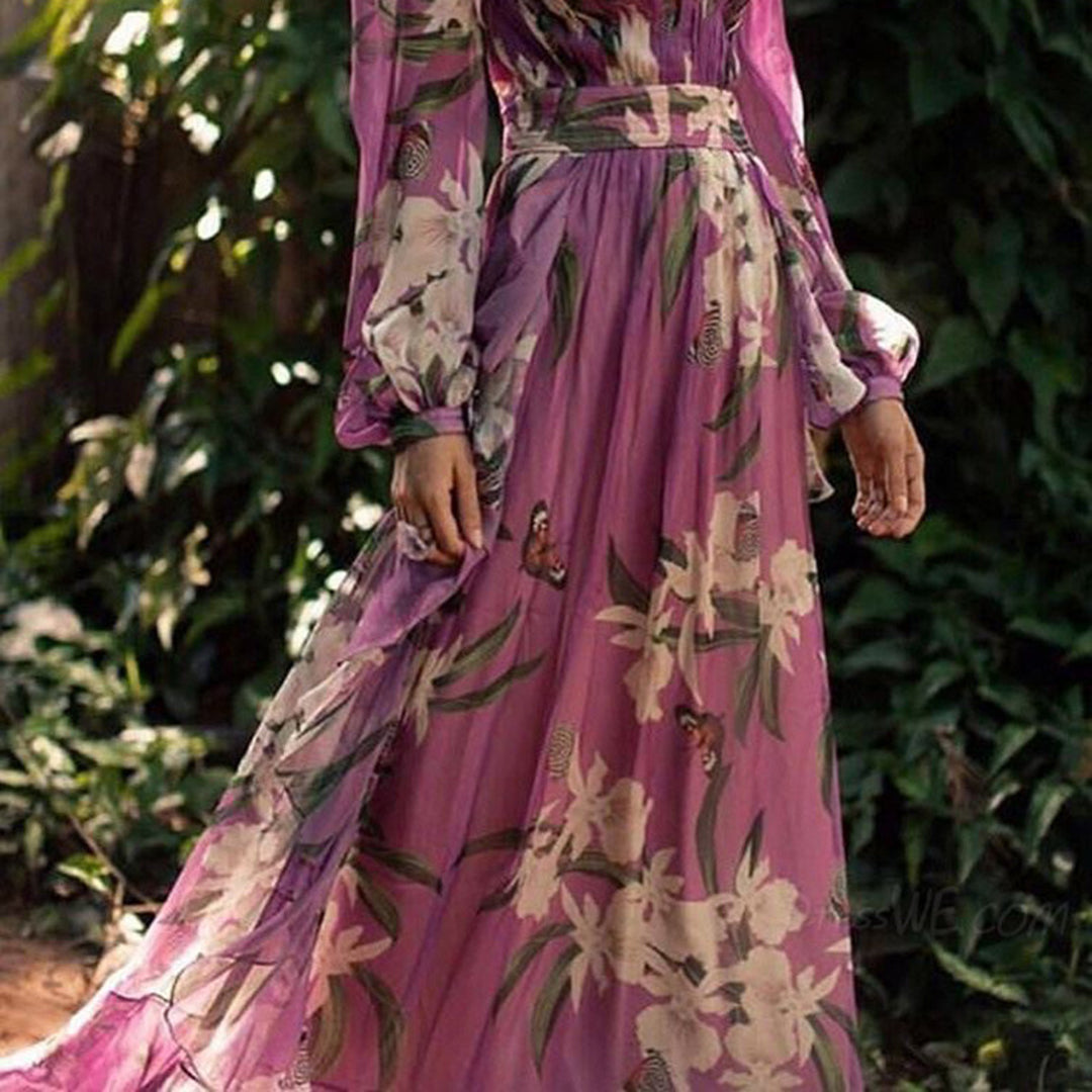 Floral Butterfly Print Deep V-Neck Bishop Sleeve Belted Maxi Dress