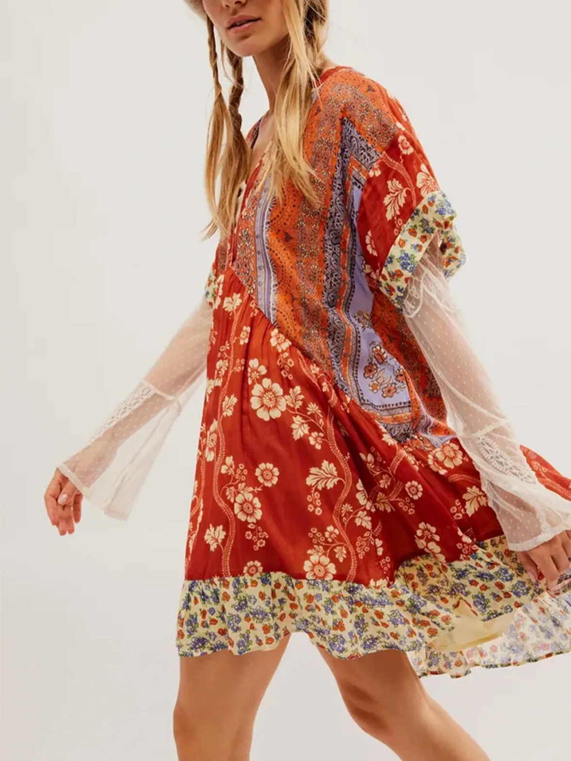 Color Vintage Print Mini Dresses Women Spring Summer New V-neck Short Sleeves Folds Loose Irregular Short Dress Fashion Vestidos