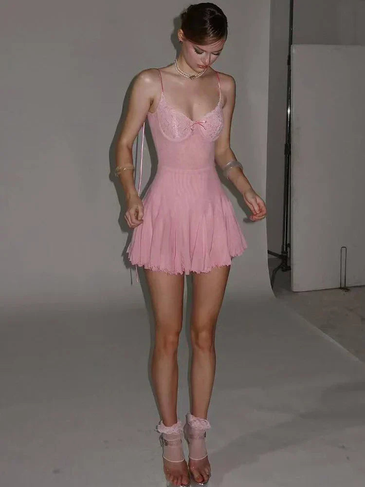 Lace Cup Underwire Spaghetti Strap Ruffled Lettuce Hem Mini Dress