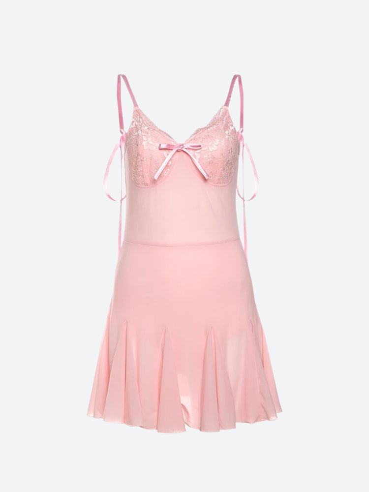Lace Cup Underwire Spaghetti Strap Ruffled Lettuce Hem Mini Dress