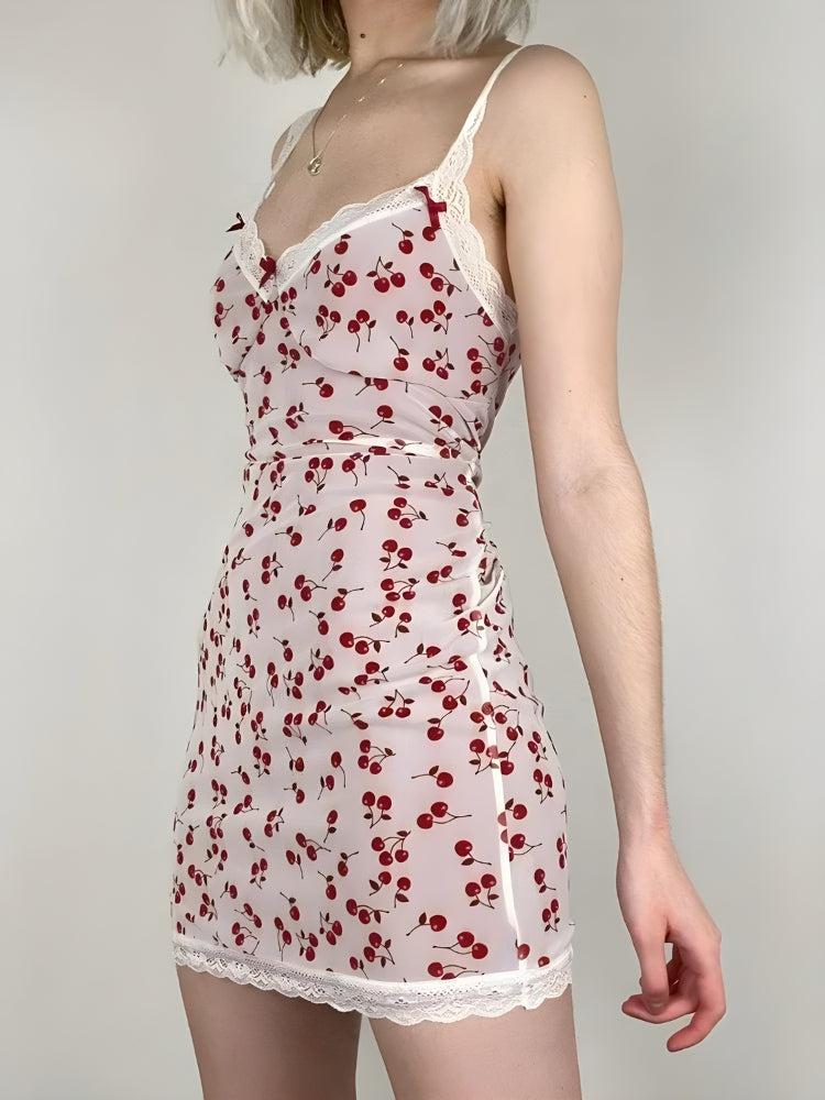 Print Lace Trim Bow Accent Deep V-Neck Slip Mini Dress