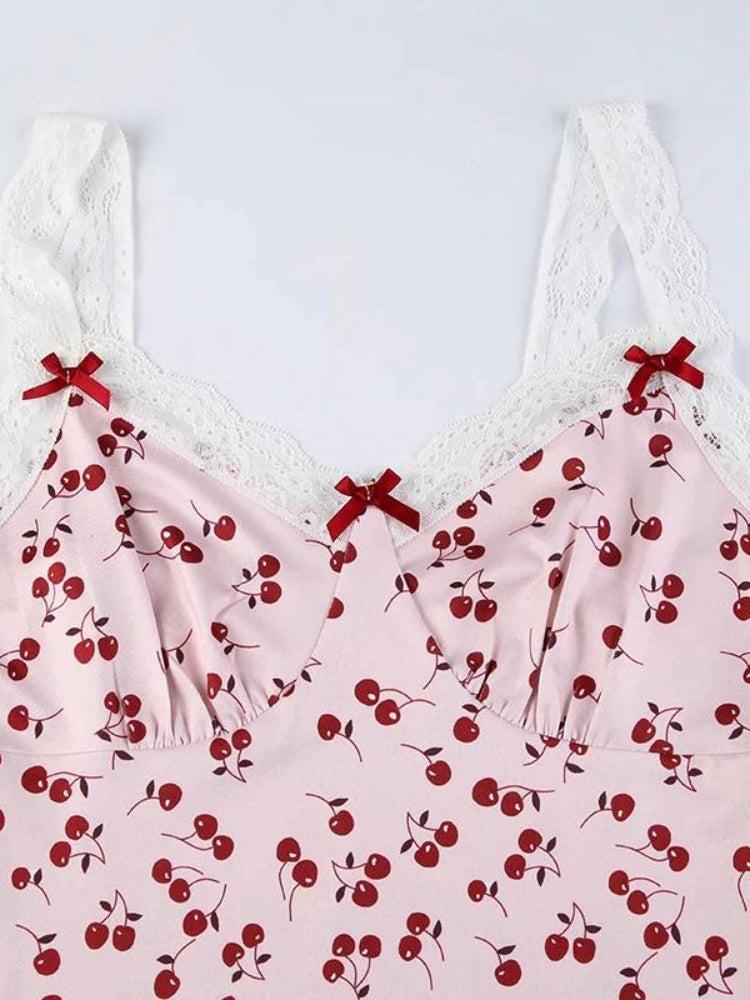Print Lace Trim Bow Accent Deep V-Neck Slip Mini Dress