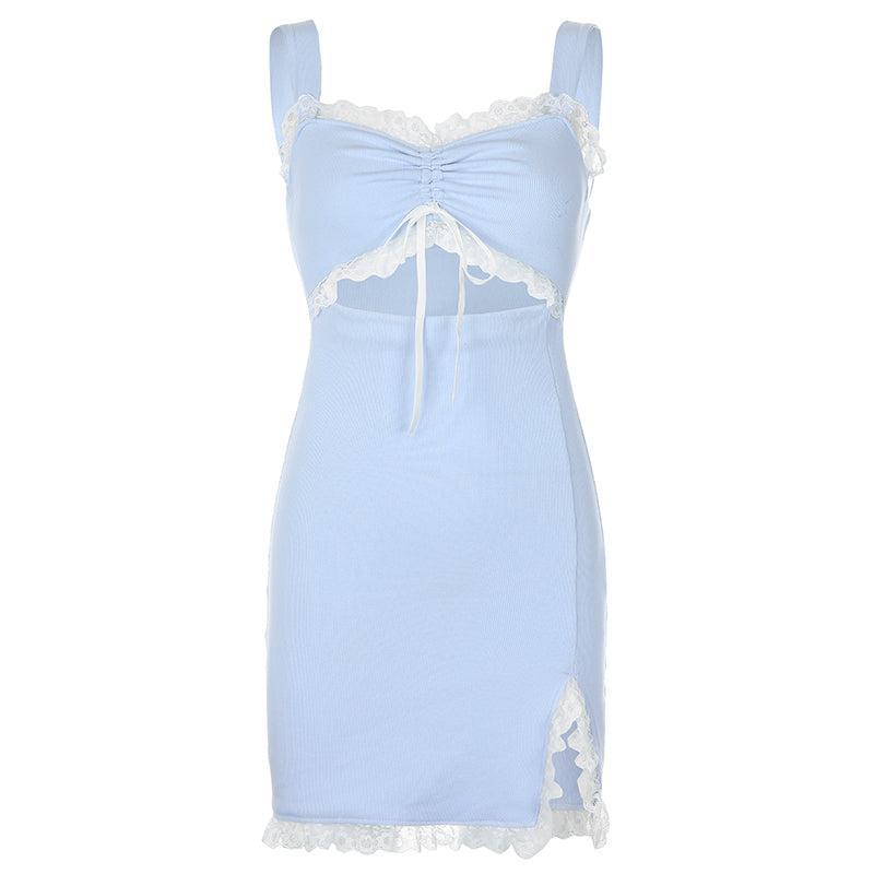 Lace Trim Ribbed Knit Square Neck Midriff Cutout Side Slit Mini Dress