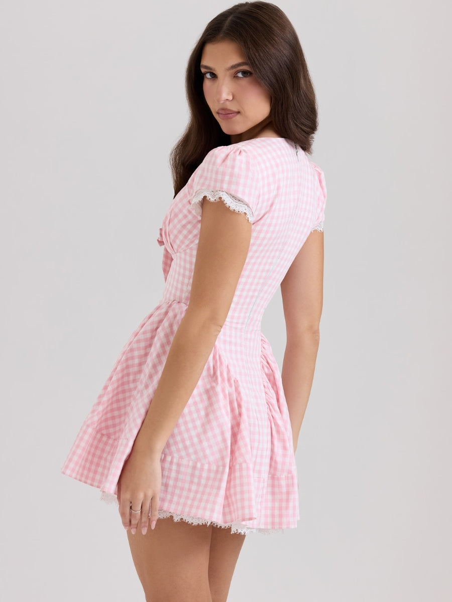 Gingham Puff Sleeve Lace Trim Bow V-Neck Button Front Mini Dress