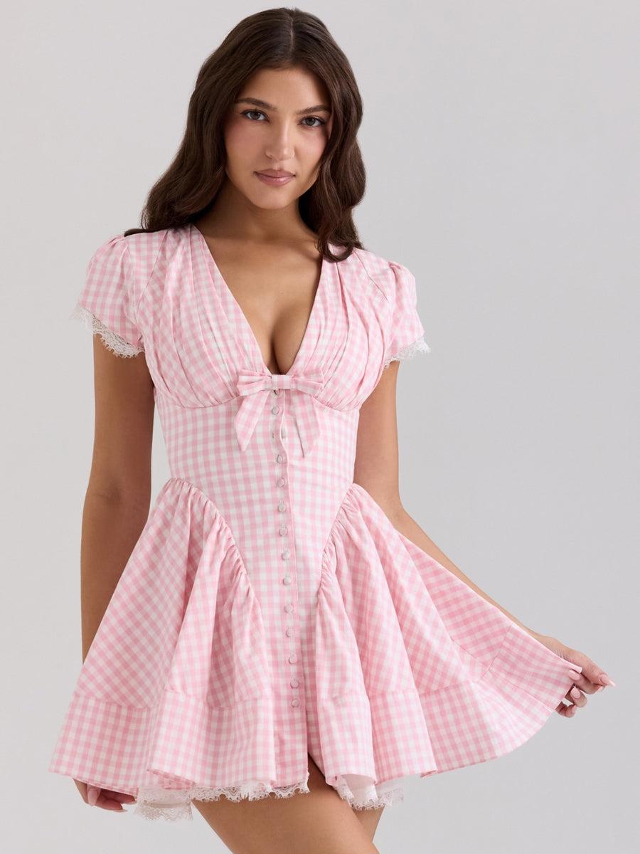Gingham Puff Sleeve Lace Trim Bow V-Neck Button Front Mini Dress