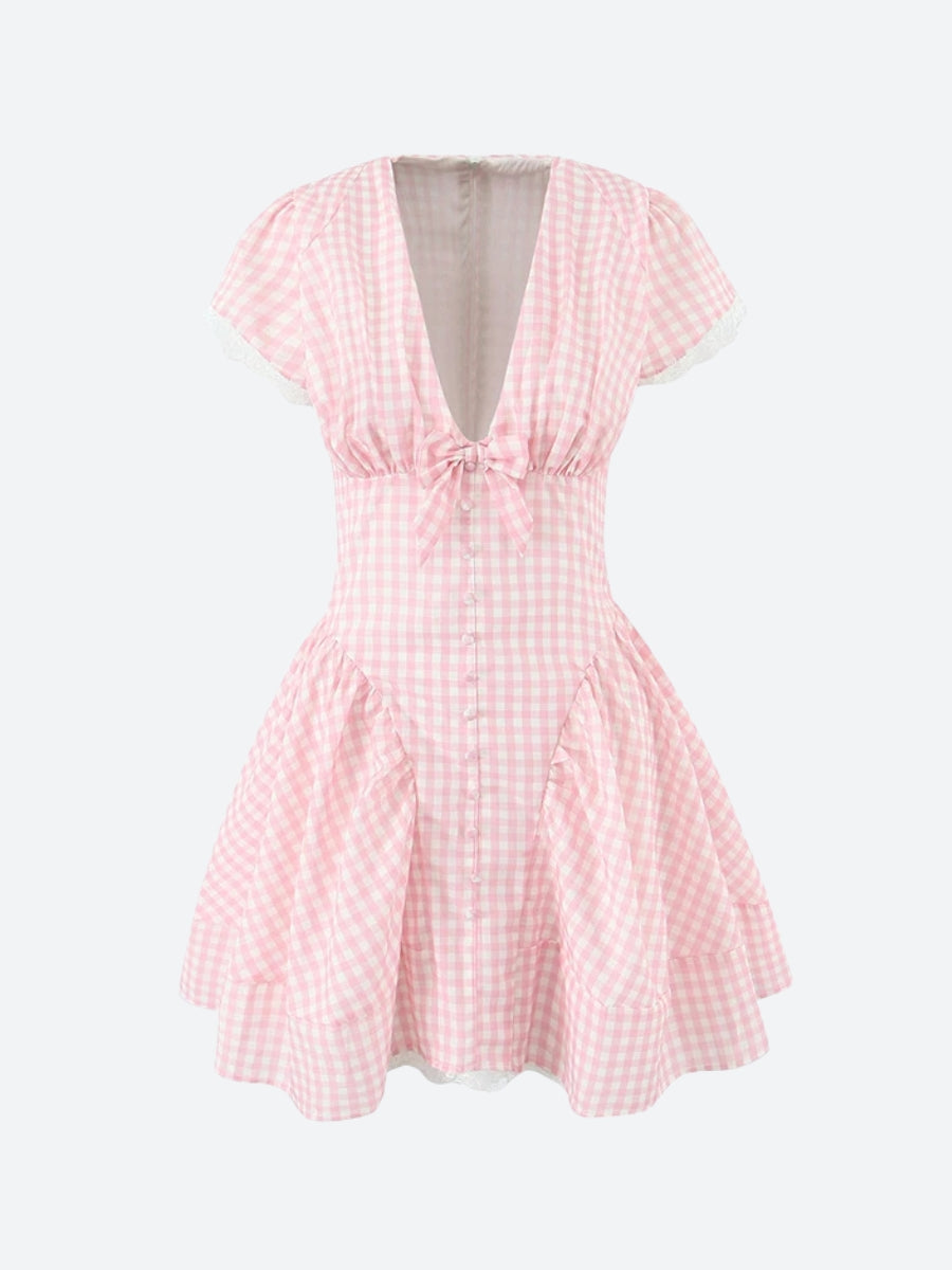 Gingham Puff Sleeve Lace Trim Bow V-Neck Button Front Mini Dress