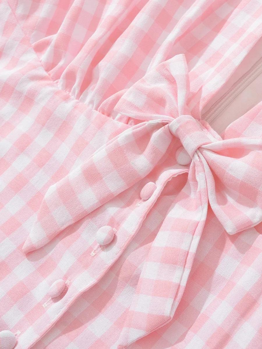 Gingham Puff Sleeve Lace Trim Bow V-Neck Button Front Mini Dress