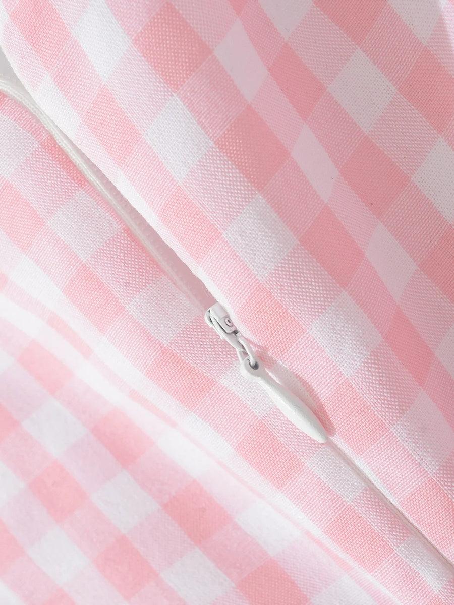 Gingham Puff Sleeve Lace Trim Bow V-Neck Button Front Mini Dress