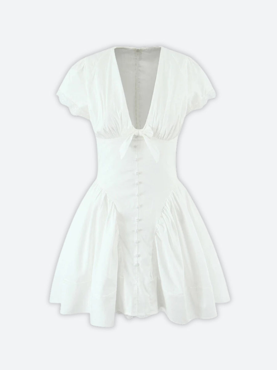 Gingham Puff Sleeve Lace Trim Bow V-Neck Button Front Mini Dress