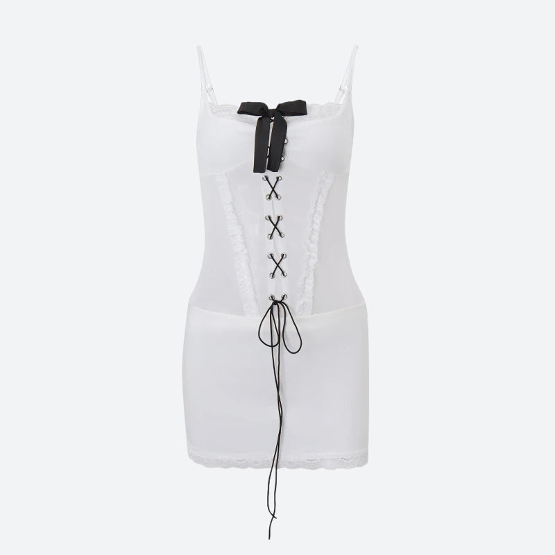 Lace-Up Corset Scoop Neck Ribbon Bow Lace Trim Mini Dress